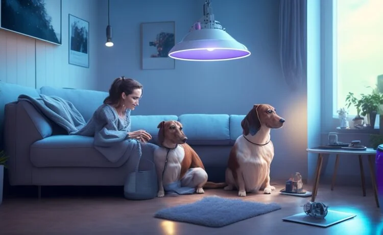 In einem hellen, freundlich beleuchteten Wohnzimmer interagiert eine junge Familie mit einem futuristisch designten, KI-gesteuerten Roboterhund, dessen glänzende Metalloberfläche lebendig im warmen Tageslicht reflektiert wird und so eine einladende Atmosphäre voller Nähe und Technologie verbindet.