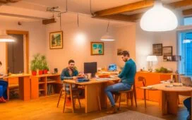 Ein warm beleuchteter, moderner Büroraum, in dem engagierte Mitarbeitende unterschiedlicher Herkunft in kleinen Gruppen konzentriert an Laptops und Tablets sitzen, miteinander diskutieren und digital erlernte Fähigkeiten austauschen – ein lebendiges Symbol für zukunftsorientierte Weiterbildung und menschliche Verbundenheit im Zeitalter der Künstlichen Intelligenz.