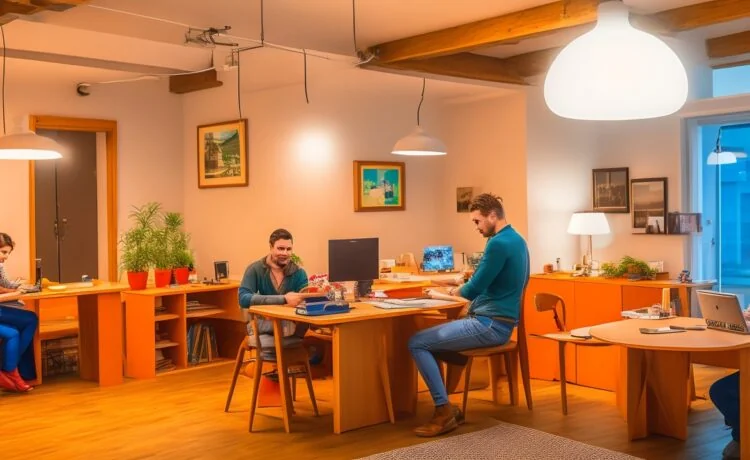 Ein warm beleuchteter, moderner Büroraum, in dem engagierte Mitarbeitende unterschiedlicher Herkunft in kleinen Gruppen konzentriert an Laptops und Tablets sitzen, miteinander diskutieren und digital erlernte Fähigkeiten austauschen – ein lebendiges Symbol für zukunftsorientierte Weiterbildung und menschliche Verbundenheit im Zeitalter der Künstlichen Intelligenz.