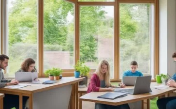 Eine helle, einladende Lernumgebung mit einem jungen Studierenden, der freundlich lächelnd an einem Laptop arbeitet, umgeben von Büchern und Notizen, während warmes Tageslicht sanft durch ein großes Fenster fällt und eine inspirierende Atmosphäre des fokussierten, modernen Lernens vermittelt.