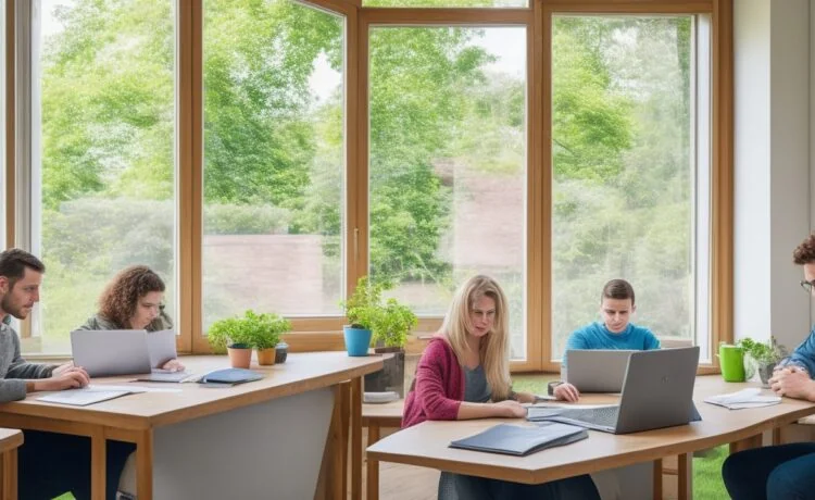 Eine helle, einladende Lernumgebung mit einem jungen Studierenden, der freundlich lächelnd an einem Laptop arbeitet, umgeben von Büchern und Notizen, während warmes Tageslicht sanft durch ein großes Fenster fällt und eine inspirierende Atmosphäre des fokussierten, modernen Lernens vermittelt.