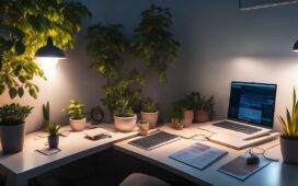 Ein moderner Arbeitsplatz mit heller, freundlicher Beleuchtung zeigt einen konzentrierten Entwickler vor mehreren Bildschirmen voller Programmiercode, umgeben von Pflanzen und Kaffeetasse, während warmes Tageslicht durch ein großes Fenster hereinströmt und eine Atmosphäre von verantwortungsbewusster Innovation und ambitioniertem Teamgeist vermittelt.