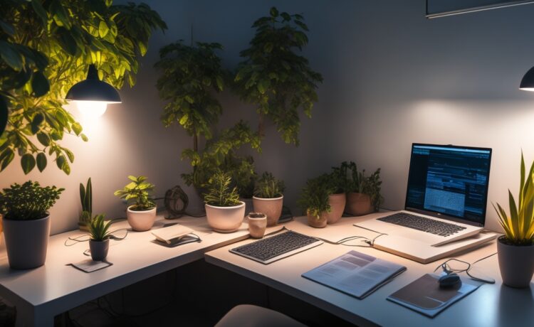 Ein moderner Arbeitsplatz mit heller, freundlicher Beleuchtung zeigt einen konzentrierten Entwickler vor mehreren Bildschirmen voller Programmiercode, umgeben von Pflanzen und Kaffeetasse, während warmes Tageslicht durch ein großes Fenster hereinströmt und eine Atmosphäre von verantwortungsbewusster Innovation und ambitioniertem Teamgeist vermittelt.