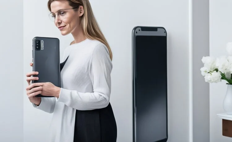 Eine einladende, helle Szene mit einer Person, die entspannt modern wirkende Smartphones in der Hand hält, umgeben von warmem Tageslicht an einem minimalistischen Holzschreibtisch, während im Hintergrund verschwommen helle Fenster und dezente Pflanzen eine freundliche, vertrauensvolle Atmosphäre für digitale Kommunikation und Datenschutz schaffen.