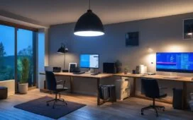 Ein hell erleuchtetes, modernes Home-Office mit einer entspannt lächelnden Person vor einem Laptop, die konzentriert an einem interaktiven IT-Sicherheitstraining teilnimmt, umgeben von warmen Holztönen und natürlichem Tageslicht, das eine freundliche und vertrauensvolle Atmosphäre schafft.