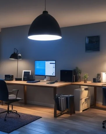 Ein hell erleuchtetes, modernes Home-Office mit einer entspannt lächelnden Person vor einem Laptop, die konzentriert an einem interaktiven IT-Sicherheitstraining teilnimmt, umgeben von warmen Holztönen und natürlichem Tageslicht, das eine freundliche und vertrauensvolle Atmosphäre schafft.