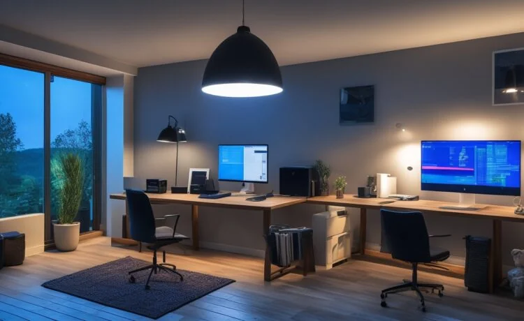 Ein hell erleuchtetes, modernes Home-Office mit einer entspannt lächelnden Person vor einem Laptop, die konzentriert an einem interaktiven IT-Sicherheitstraining teilnimmt, umgeben von warmen Holztönen und natürlichem Tageslicht, das eine freundliche und vertrauensvolle Atmosphäre schafft.