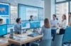 In einem modernen Büro mit natürlichem Tageslicht sitzt eine diverse Gruppe von Marketingexperten konzentriert an einem großen, hellen Tisch, während auf Bildschirmen im Hintergrund dynamische Datenvisualisierungen und Kundenprofile sichtbar sind – ein lebendiger Moment, der die harmonische Verbindung von KI-gestützter Skalierung und individueller Kundenansprache im digitalen Marketing einfängt.