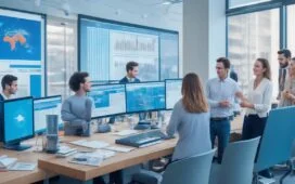 In einem modernen Büro mit natürlichem Tageslicht sitzt eine diverse Gruppe von Marketingexperten konzentriert an einem großen, hellen Tisch, während auf Bildschirmen im Hintergrund dynamische Datenvisualisierungen und Kundenprofile sichtbar sind – ein lebendiger Moment, der die harmonische Verbindung von KI-gestützter Skalierung und individueller Kundenansprache im digitalen Marketing einfängt.