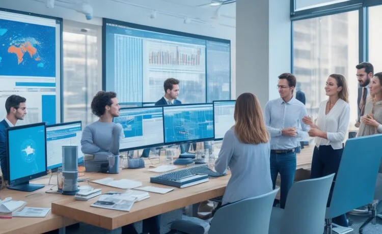 In einem modernen Büro mit natürlichem Tageslicht sitzt eine diverse Gruppe von Marketingexperten konzentriert an einem großen, hellen Tisch, während auf Bildschirmen im Hintergrund dynamische Datenvisualisierungen und Kundenprofile sichtbar sind – ein lebendiger Moment, der die harmonische Verbindung von KI-gestützter Skalierung und individueller Kundenansprache im digitalen Marketing einfängt.