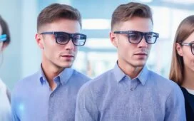 Drei junge, modern gekleidete Menschen in hellem, freundlichem Raum tragen zeitgemäße Smart Glasses, ihre Gesichter von warmem Tageslicht sanft beleuchtet, während sie neugierig und motiviert auf innovative Augmented-Reality-Displays blicken – ein einladender, lebendiger Moment im technologischen Wettstreit der Zukunft.