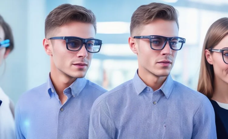 Drei junge, modern gekleidete Menschen in hellem, freundlichem Raum tragen zeitgemäße Smart Glasses, ihre Gesichter von warmem Tageslicht sanft beleuchtet, während sie neugierig und motiviert auf innovative Augmented-Reality-Displays blicken – ein einladender, lebendiger Moment im technologischen Wettstreit der Zukunft.