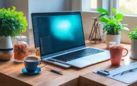 Ein hell erleuchteter, moderner Arbeitsplatz mit offenem Laptop, warmem Tageslicht, freundlichen Pflanzen und einer Tasse Kaffee, an dem eine Person konzentriert und zufrieden an der Optimierung ihrer WordPress-Website arbeitet – ein Bild voller Energie, Fokus und digitaler Kreativität.