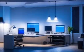 Ein hell erleuchtetes, modernes Büro mit einem konzentrierten IT-Administrator am Laptop, der in natürlichem Tageslicht vor mehreren Bildschirmen sitzt und aufmerksam die Sicherheitseinstellungen einer komplexen SharePoint-Umgebung überprüft, während warme Farben und freundliche Atmosphäre Zuversicht und digitale Verantwortung ausstrahlen.