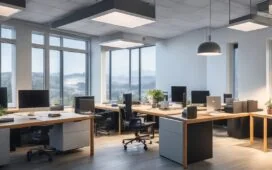 Ein warm erleuchtetes, modernes Büro mit entspannten Menschen verschiedener Hintergründe, die konzentriert an Laptops und Tablets arbeiten, während im Hintergrund große Fenster viel Tageslicht hereinlassen und eine ruhige, vertrauensvolle Atmosphäre zwischen Technologie und Kreativität schaffen.