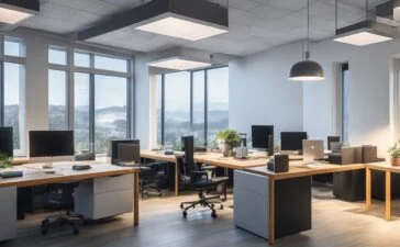 Ein warm erleuchtetes, modernes Büro mit entspannten Menschen verschiedener Hintergründe, die konzentriert an Laptops und Tablets arbeiten, während im Hintergrund große Fenster viel Tageslicht hereinlassen und eine ruhige, vertrauensvolle Atmosphäre zwischen Technologie und Kreativität schaffen.