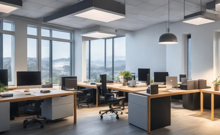 Ein warm erleuchtetes, modernes Büro mit entspannten Menschen verschiedener Hintergründe, die konzentriert an Laptops und Tablets arbeiten, während im Hintergrund große Fenster viel Tageslicht hereinlassen und eine ruhige, vertrauensvolle Atmosphäre zwischen Technologie und Kreativität schaffen.