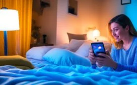 Ein warmes, natürlich beleuchtetes Redaktionsfoto zeigt eine junge Person entspannt mit einem Samsung-Smartphone in der Hand in einem hellen, modernen Wohnzimmer, umgeben von sanften Farbakzenten und digitaler Technik, die den Fokus auf personalisierte Einstellungen und smarte Kontrolle symbolisiert.