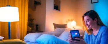 Ein warmes, natürlich beleuchtetes Redaktionsfoto zeigt eine junge Person entspannt mit einem Samsung-Smartphone in der Hand in einem hellen, modernen Wohnzimmer, umgeben von sanften Farbakzenten und digitaler Technik, die den Fokus auf personalisierte Einstellungen und smarte Kontrolle symbolisiert.