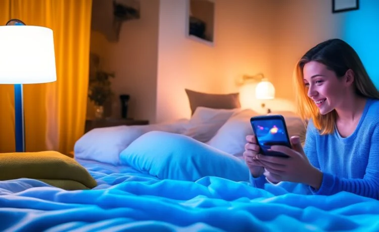 Ein warmes, natürlich beleuchtetes Redaktionsfoto zeigt eine junge Person entspannt mit einem Samsung-Smartphone in der Hand in einem hellen, modernen Wohnzimmer, umgeben von sanften Farbakzenten und digitaler Technik, die den Fokus auf personalisierte Einstellungen und smarte Kontrolle symbolisiert.