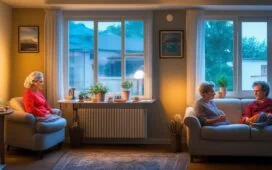In einem warm erleuchteten, modernen Wohnzimmer sitzt eine junge Frau entspannt mit einem sanften Lächeln vor ihrem Bildschirm, während natürliche Sonnenlichtstrahlen durch das Fenster fallen und ihre aufmerksame, hoffnungsvolle Miene in freundlichem Glanz erstrahlen lassen – ein einfühlsames Porträt, das die intime Verbindung zwischen Mensch und virtuellem Begleiter in einer digitalen Welt widerspiegelt.