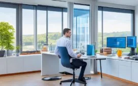 Ein heller, freundlicher Arbeitsplatz mit mehreren Entwickler:innen, die konzentriert und mit einem Lächeln an modernen Computern mit KI-gestützten Tools arbeiten, während warmes Tageslicht durch große Fenster fällt und eine Atmosphäre von Zusammenarbeit, Technologie und kontrolliertem Fortschritt schafft.
