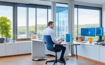 Ein heller, freundlicher Arbeitsplatz mit mehreren Entwickler:innen, die konzentriert und mit einem Lächeln an modernen Computern mit KI-gestützten Tools arbeiten, während warmes Tageslicht durch große Fenster fällt und eine Atmosphäre von Zusammenarbeit, Technologie und kontrolliertem Fortschritt schafft.