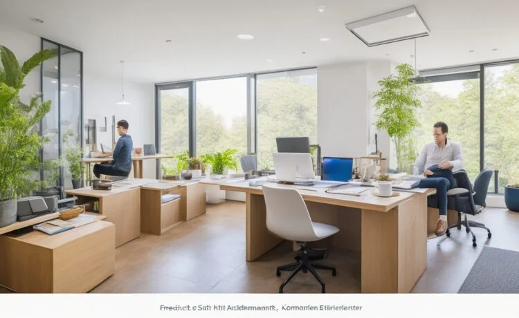 Ein heller, modern eingerichteter Arbeitsplatz mit natürlichem Tageslicht, an dem ein engagierter Entwickler lächelnd konzentriert vor mehreren Bildschirmen sitzt und in einem offenen, freundlichen Büroambiente Schritt für Schritt die komplexe Entwicklung mit Next.js, React und TypeScript meistert.