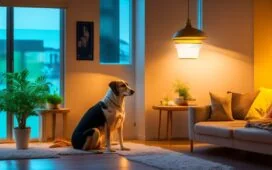 Ein warm beleuchtetes Wohnzimmer mit einem modernen, freundlichen KI-Roboterhund, der aufmerksam neben einer lächelnden älteren Person sitzt, während sanftes Tageslicht durch große Fenster fällt und eine Atmosphäre von Geborgenheit und Alltagsintelligenz schafft.