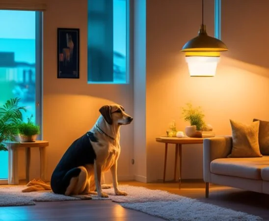 Ein warm beleuchtetes Wohnzimmer mit einem modernen, freundlichen KI-Roboterhund, der aufmerksam neben einer lächelnden älteren Person sitzt, während sanftes Tageslicht durch große Fenster fällt und eine Atmosphäre von Geborgenheit und Alltagsintelligenz schafft.
