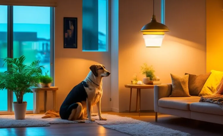 Ein warm beleuchtetes Wohnzimmer mit einem modernen, freundlichen KI-Roboterhund, der aufmerksam neben einer lächelnden älteren Person sitzt, während sanftes Tageslicht durch große Fenster fällt und eine Atmosphäre von Geborgenheit und Alltagsintelligenz schafft.