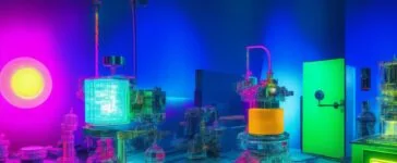 Ein strahlend heller, natürlich beleuchteter Blick in ein modernes Forschungslabor, in dem engagierte Wissenschaftlerinnen und Wissenschaftler mit neugierigem Lächeln brillante Lichtwellen und holografische Projektionen einer Raumzeit-Blase untersuchen – ein inspirierender Moment voller Hoffnung und Pioniergeist zwischen Gegenwart und ferner Zukunft.