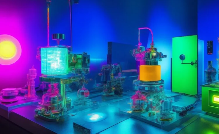 Ein strahlend heller, natürlich beleuchteter Blick in ein modernes Forschungslabor, in dem engagierte Wissenschaftlerinnen und Wissenschaftler mit neugierigem Lächeln brillante Lichtwellen und holografische Projektionen einer Raumzeit-Blase untersuchen – ein inspirierender Moment voller Hoffnung und Pioniergeist zwischen Gegenwart und ferner Zukunft.
