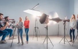 Eine lichtdurchflutete, moderne Büroszene mit einem strahlend lächelnden Team aus jungen Kreativen, die konzentriert an digitalen Bildschirmen mit virtuellen Influencer-Avataren arbeiten, umgeben von warmen Holztönen und natürlichem Tageslicht, das eine einladende Atmosphäre voller Innovation und optimistischer Zukunftsvision schafft.