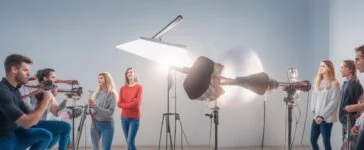 Eine lichtdurchflutete, moderne Büroszene mit einem strahlend lächelnden Team aus jungen Kreativen, die konzentriert an digitalen Bildschirmen mit virtuellen Influencer-Avataren arbeiten, umgeben von warmen Holztönen und natürlichem Tageslicht, das eine einladende Atmosphäre voller Innovation und optimistischer Zukunftsvision schafft.