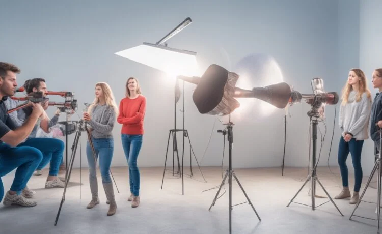 Eine lichtdurchflutete, moderne Büroszene mit einem strahlend lächelnden Team aus jungen Kreativen, die konzentriert an digitalen Bildschirmen mit virtuellen Influencer-Avataren arbeiten, umgeben von warmen Holztönen und natürlichem Tageslicht, das eine einladende Atmosphäre voller Innovation und optimistischer Zukunftsvision schafft.