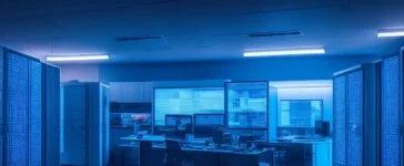 Ein hell erleuchtetes, modernes Büroambiente mit konzentrierten Mitarbeitenden vor Bildschirmen, die gemeinsam an Cybersicherheitslösungen für eine Versicherung arbeiten, strahlt warmes Tageslicht und ein Gefühl von Vertrauen und Zusammenarbeit aus.