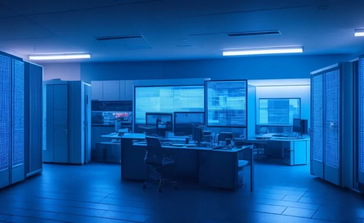 Ein hell erleuchtetes, modernes Büroambiente mit konzentrierten Mitarbeitenden vor Bildschirmen, die gemeinsam an Cybersicherheitslösungen für eine Versicherung arbeiten, strahlt warmes Tageslicht und ein Gefühl von Vertrauen und Zusammenarbeit aus.