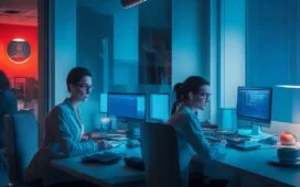 In einem hell erleuchteten, modernen Büro mit warmem Tageslicht sitzt eine konzentrierte Frau mittleren Alters vor ihrem Laptop, umgeben von Alltagsgegenständen wie Smartphone und Kaffeetasse, während sie aufmerksam Cyber-Sicherheitsmaßnahmen prüft – ein Sinnbild für das wachsende Bedürfnis nach digitalem Schutz im privaten Alltag.