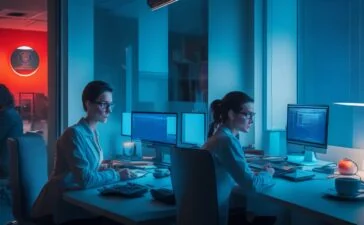 In einem hell erleuchteten, modernen Büro mit warmem Tageslicht sitzt eine konzentrierte Frau mittleren Alters vor ihrem Laptop, umgeben von Alltagsgegenständen wie Smartphone und Kaffeetasse, während sie aufmerksam Cyber-Sicherheitsmaßnahmen prüft – ein Sinnbild für das wachsende Bedürfnis nach digitalem Schutz im privaten Alltag.
