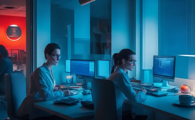 In einem hell erleuchteten, modernen Büro mit warmem Tageslicht sitzt eine konzentrierte Frau mittleren Alters vor ihrem Laptop, umgeben von Alltagsgegenständen wie Smartphone und Kaffeetasse, während sie aufmerksam Cyber-Sicherheitsmaßnahmen prüft – ein Sinnbild für das wachsende Bedürfnis nach digitalem Schutz im privaten Alltag.