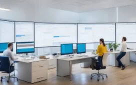 Ein warm beleuchtetes, modernes Büro mit einem konzentrierten Entwicklerteam, das an hellen Bildschirmen mit graphischen Web-Dashboards arbeitet, umgeben von natürlichem Tageslicht und freundlicher Atmosphäre, die digitale Präzision und Teamzusammenhalt für zukunftsweisende Web-Performance widerspiegelt.