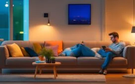 Eine helle, freundliche Szene mit einer jungen Person, die entspannt auf einem modernen Sofa sitzt und auf ihrem Smartphone WhatsApp-Nachrichten durchscrollt, umgeben von warmem Tageslicht in einem gemütlichen, urbanen Wohnzimmer mit klaren, realistischen Details und einer einladenden Atmosphäre, die Vertrauen und Sicherheit vermittelt.