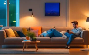 Eine helle, freundliche Szene mit einer jungen Person, die entspannt auf einem modernen Sofa sitzt und auf ihrem Smartphone WhatsApp-Nachrichten durchscrollt, umgeben von warmem Tageslicht in einem gemütlichen, urbanen Wohnzimmer mit klaren, realistischen Details und einer einladenden Atmosphäre, die Vertrauen und Sicherheit vermittelt.