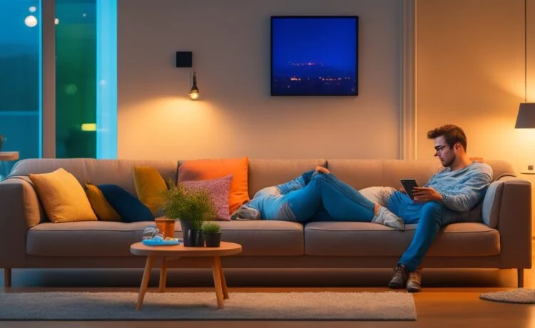 Eine helle, freundliche Szene mit einer jungen Person, die entspannt auf einem modernen Sofa sitzt und auf ihrem Smartphone WhatsApp-Nachrichten durchscrollt, umgeben von warmem Tageslicht in einem gemütlichen, urbanen Wohnzimmer mit klaren, realistischen Details und einer einladenden Atmosphäre, die Vertrauen und Sicherheit vermittelt.