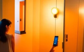 Ein helles, einladendes Foto einer entspannten Person, die fokussiert auf einem modernen Smartphone Privatsphäre-Einstellungen in einer lichtdurchfluteten, freundlichen Wohnumgebung überprüft, umgeben von natürlichen Farben und warmem Tageslicht, das Sicherheit und digitales Wohlbefinden ausstrahlt.