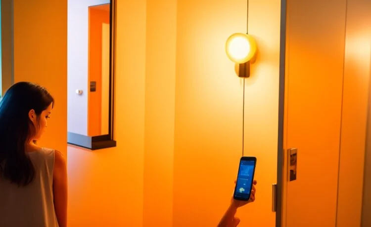 Ein helles, einladendes Foto einer entspannten Person, die fokussiert auf einem modernen Smartphone Privatsphäre-Einstellungen in einer lichtdurchfluteten, freundlichen Wohnumgebung überprüft, umgeben von natürlichen Farben und warmem Tageslicht, das Sicherheit und digitales Wohlbefinden ausstrahlt.
