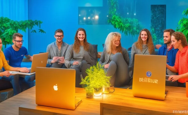 Eine helle, freundliche Büroszene mit einem vielseitigen UX-Team in lebhaftem Austausch, umgeben von Notizen, Skizzen und Laptop-Bildschirmen, die durch warmes Tageslicht natürlich erleuchtet und von einer modernen, offenen Arbeitsatmosphäre mit klarem Fokus auf kreative Produktentwicklung geprägt ist.