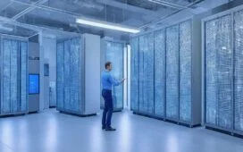 In einem modernen, lichtdurchfluteten Serverraum strahlt ein IT-Administrator mit einem warmen Lächeln vor mehreren hochmodernen Monitoren und offenen Serverracks, die mit dezenten LED-Leuchten sanft beleuchtet sind, während die natürliche Tageslichtatmosphäre eine einladende und professionelle Umgebung für innovative Open-Source-Virtualisierung vermittelt.