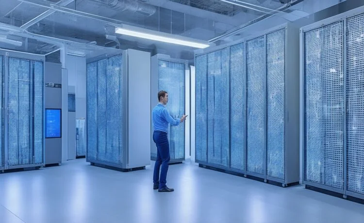 In einem modernen, lichtdurchfluteten Serverraum strahlt ein IT-Administrator mit einem warmen Lächeln vor mehreren hochmodernen Monitoren und offenen Serverracks, die mit dezenten LED-Leuchten sanft beleuchtet sind, während die natürliche Tageslichtatmosphäre eine einladende und professionelle Umgebung für innovative Open-Source-Virtualisierung vermittelt.